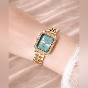 Luxury Gold Rectangular Watch with Blue Dial & Crystal Bezel